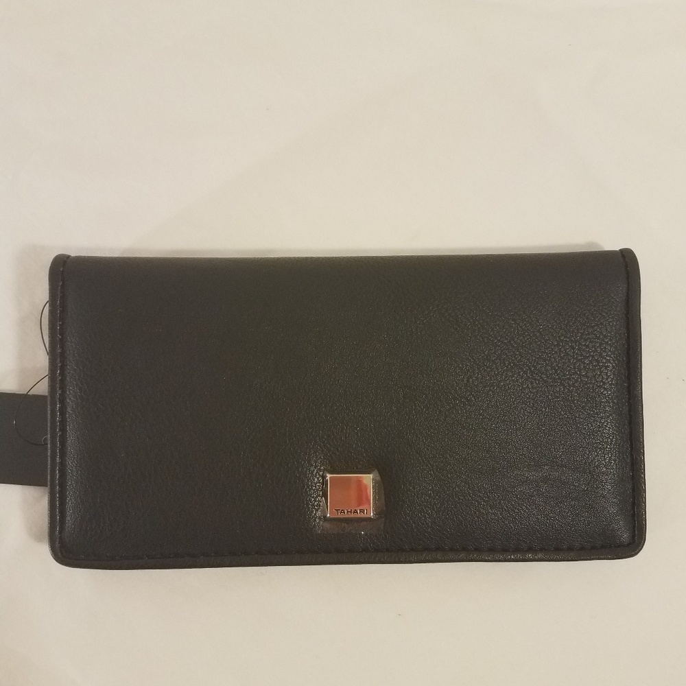 Tahari black slim leather-like clutch